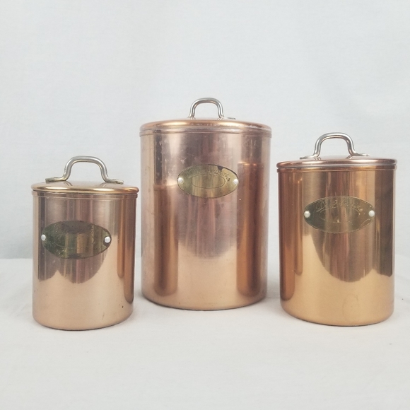 De la Cuisine Other - Vintage De La Cuisine Copper Clad 3 piece Canister Set with Brass labels.